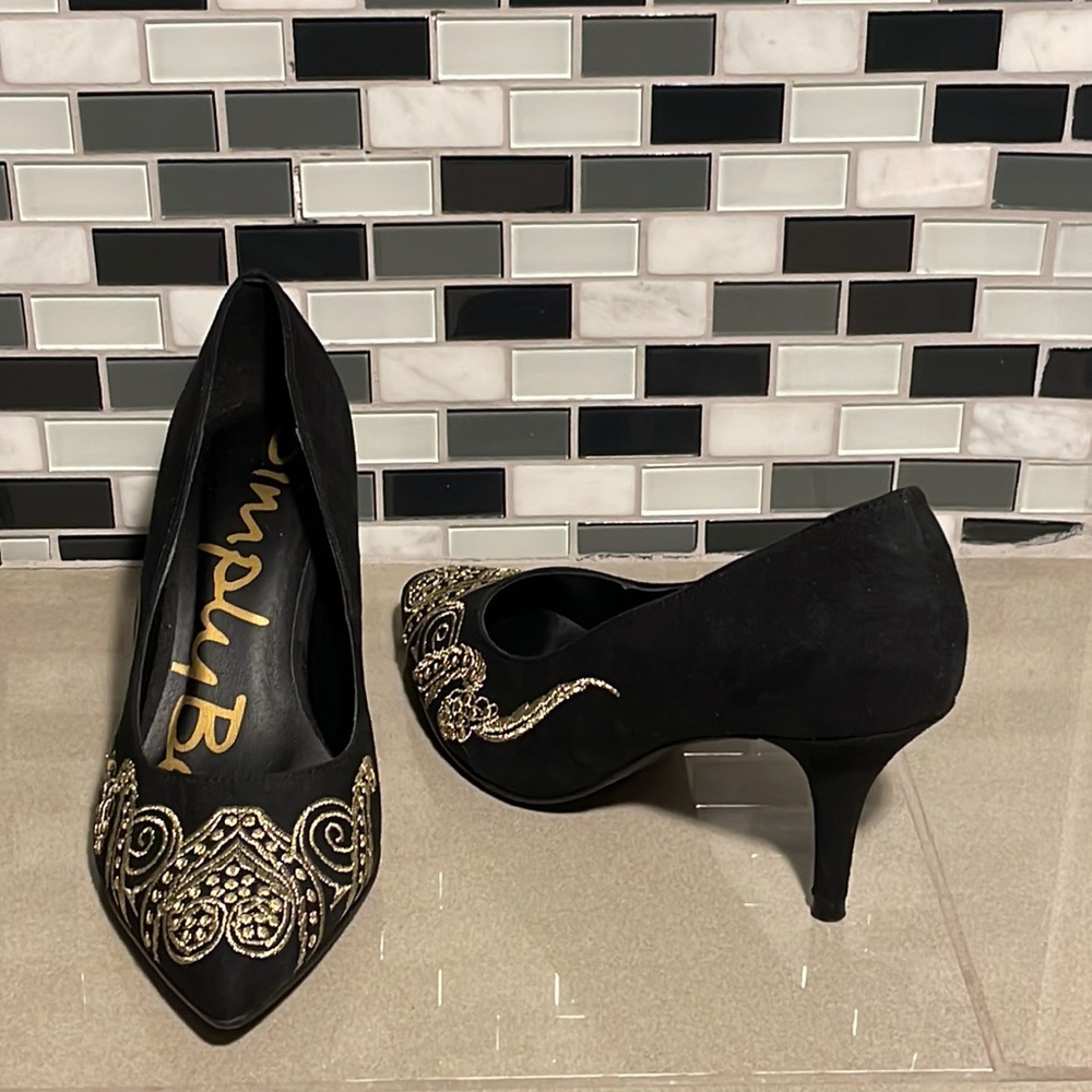 Simply be, gold thread embroidered, black heels .